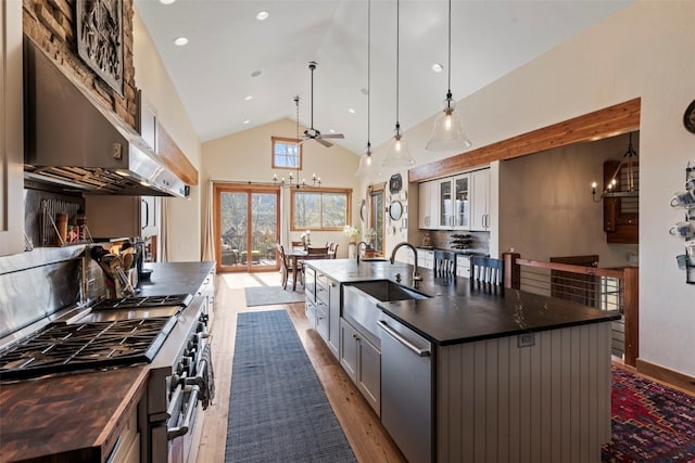 34 Snow Peak Ct, Dillon, CO 80435 - kitchen with a sink, appliances with stainless steel finishes, a chandelier, an island with sink, and ceiling fan
