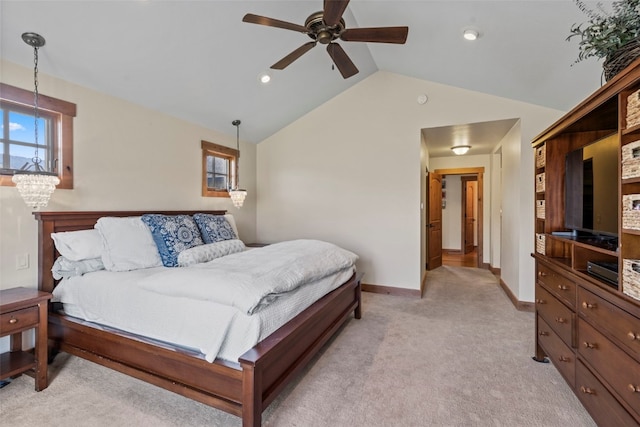 34 Snow Peak Ct, Dillon, CO 80435 - bedroom with lofted ceiling, light colored carpet, ceiling fan, baseboards, and recessed lighting