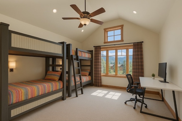 34 Snow Peak Ct, Dillon, CO 80435 - bedroom with light colored carpet, an office area, baseboards, high vaulted ceiling, and recessed lighting