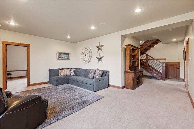 34 Snow Peak Ct, Dillon, CO 80435 - living room featuring carpet flooring, stairs, baseboards, and recessed lighting