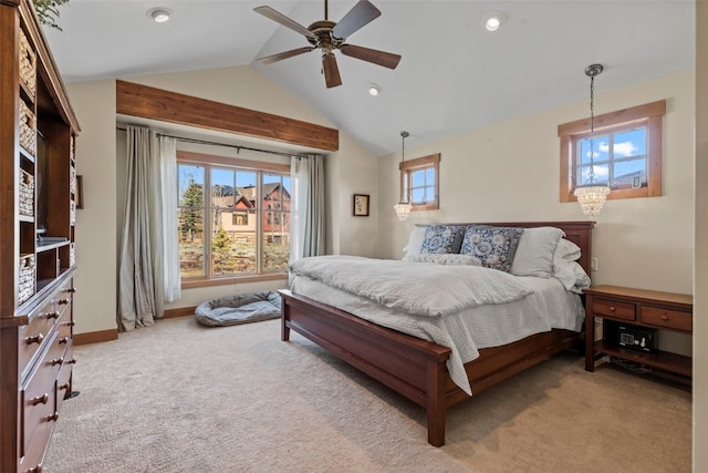34 Snow Peak Ct, Dillon, CO 80435 - carpeted bedroom featuring lofted ceiling, baseboards, a ceiling fan, and recessed lighting