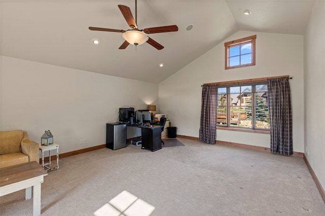 34 Snow Peak Ct, Dillon, CO 80435 - office featuring carpet floors, high vaulted ceiling, baseboards, and ceiling fan