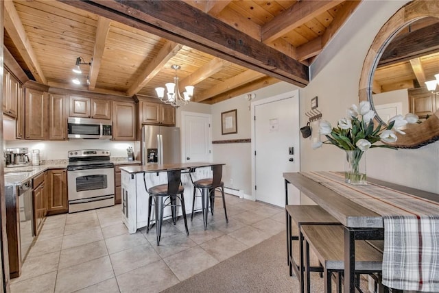 8500 Ryan Gulch Rd Unit G3, Silverthorne, CO 80498 - kitchen with appliances with stainless steel finishes, wooden ceiling with exposed beams, a chandelier, a kitchen breakfast bar, and a kitchen island
