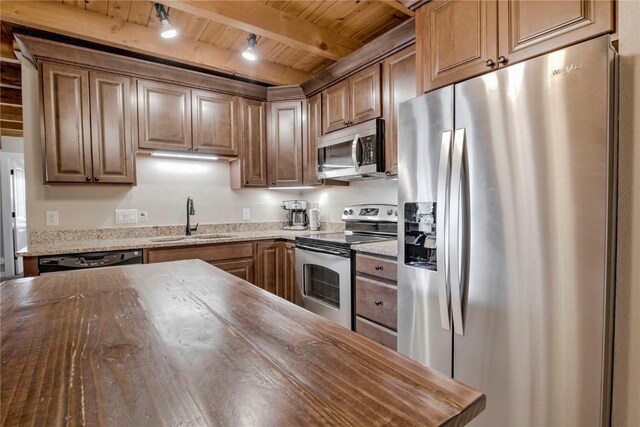8500 Ryan Gulch Rd Unit G3, Silverthorne, CO 80498 - kitchen featuring appliances with stainless steel finishes, a sink, wood ceiling with exposed beams, and dark stone counters