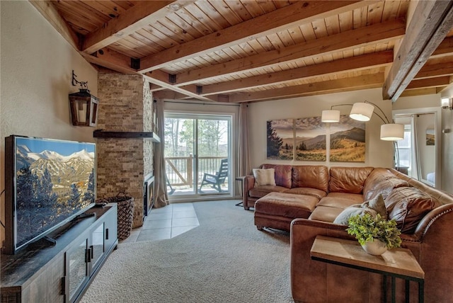 8500 Ryan Gulch Rd Unit G3, Silverthorne, CO 80498 - tiled living room featuring wood ceiling with exposed beams and carpet flooring