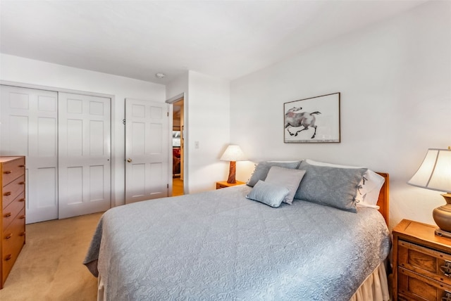 bedroom featuring light colored carpet and a closet