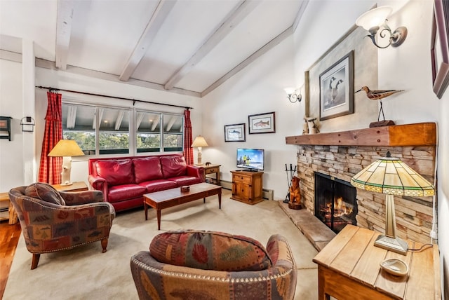 living room with baseboard heating, a stone fireplace, light colored carpet, and lofted ceiling with beams