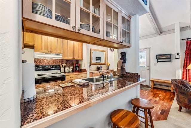 kitchen with kitchen peninsula, light brown cabinetry, electric range oven, a breakfast bar, and sink