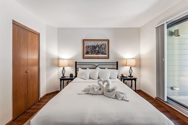 100 S Park Ave Unit E111, 112, Breckenridge, CO 80424 - bedroom featuring a closet, dark wood-style flooring, multiple windows, and baseboards