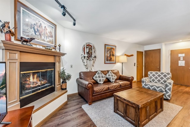 100 S Park Ave Unit E111, 112, Breckenridge, CO 80424 - living area with wood finished floors, a glass covered fireplace, and rail lighting