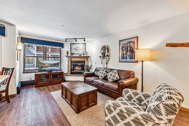 100 S Park Ave Unit E111, 112, Breckenridge, CO 80424 - living area featuring wood-type flooring, a glass covered fireplace, rail lighting, and baseboards