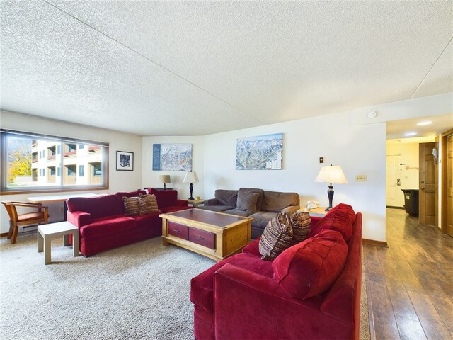 living room featuring wood-type flooring and a textured ceiling