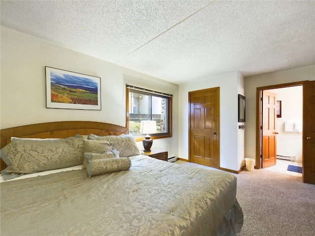 carpeted bedroom featuring a baseboard radiator and a textured ceiling