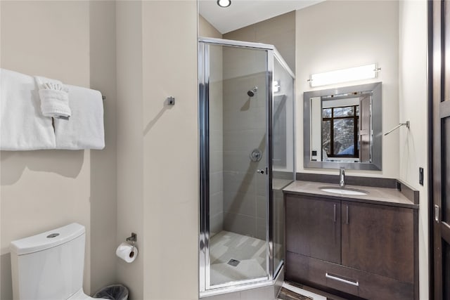 bathroom featuring vanity, toilet, and a shower with door