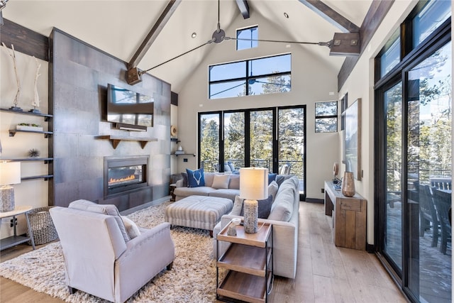 living room featuring beamed ceiling, light hardwood / wood-style floors, and a healthy amount of sunlight