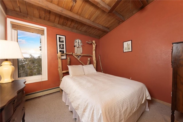 bedroom featuring a baseboard heating unit, lofted ceiling with beams, wooden ceiling, and carpet floors
