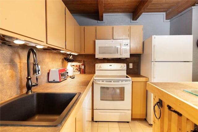 kitchen with light tile patterned floors, a sink, white appliances, wood ceiling, and decorative backsplash