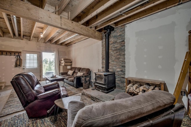 living room featuring a wood stove