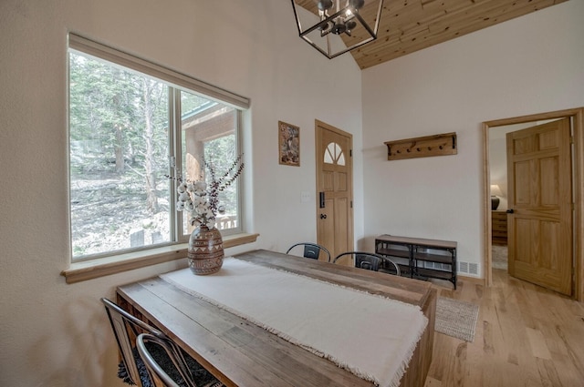 dining area featuring a chandelier, plenty of natural light, visible vents, and wood finished floors