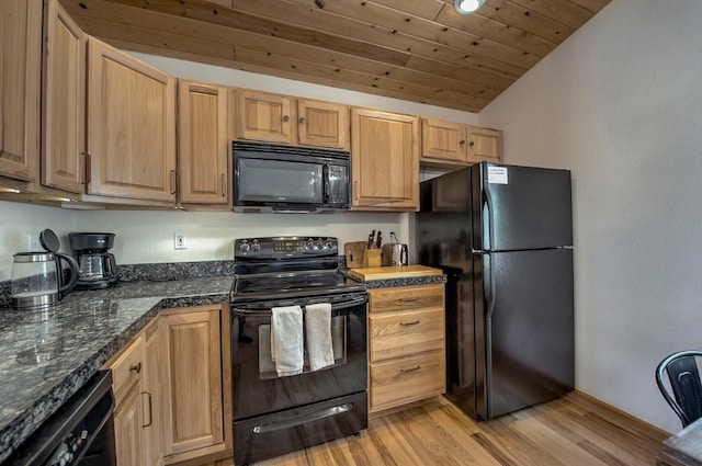kitchen featuring light wood-style floors, lofted ceiling, wood ceiling, and black appliances
