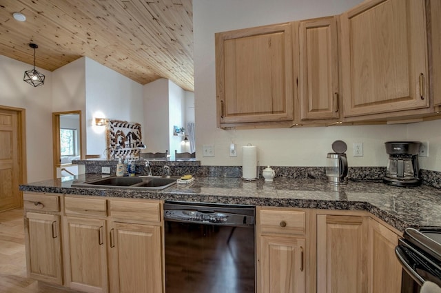 kitchen with light brown cabinets, a sink, tile counters, and black dishwasher