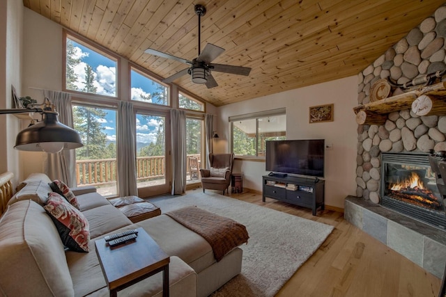 living area with a ceiling fan, wood finished floors, wood ceiling, a fireplace, and high vaulted ceiling