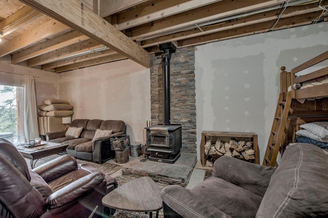 living room featuring a wood stove