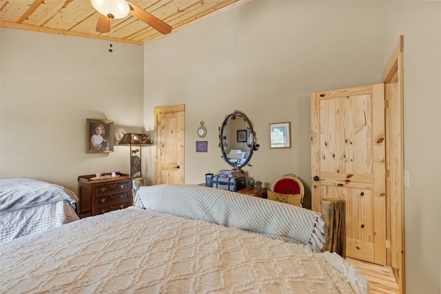 1838 E Longbow Dr, Como, CO 80432 - bedroom with wooden ceiling, a towering ceiling, wood finished floors, and ceiling fan