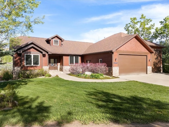 22755 Snowbird Trl, Oak Creek, CO 80467 - view of front of property with stone siding, a garage, and a front yard