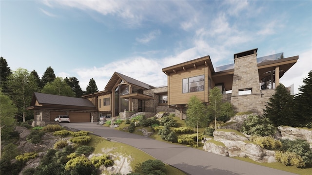 contemporary house featuring stone siding, a chimney, and a garage