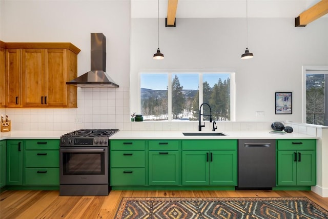 21185 County Road 16, Oak Creek, CO 80467 - kitchen with beamed ceiling, light wood-style floors, wall chimney exhaust hood, a sink, and appliances with stainless steel finishes