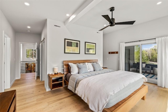 410 River Rd, Steamboat Springs, CO 80487 - bedroom with access to exterior, recessed lighting, light wood finished floors, ceiling fan, and baseboards