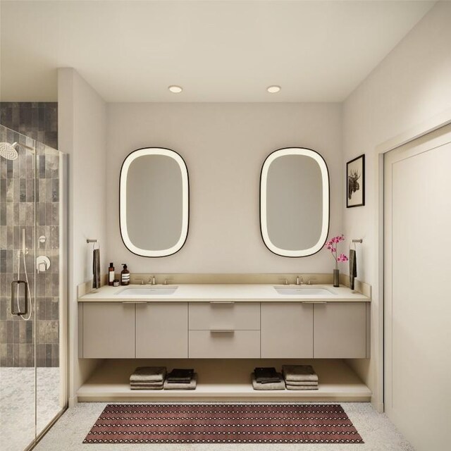 bathroom featuring vanity and a shower with door