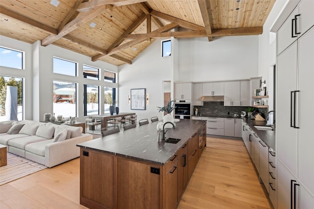403 Revett Dr, Breckenridge, CO 80424 - kitchen with high vaulted ceiling, a wood ceiling with exposed beams, light wood-type flooring, a kitchen island with sink, and open floor plan