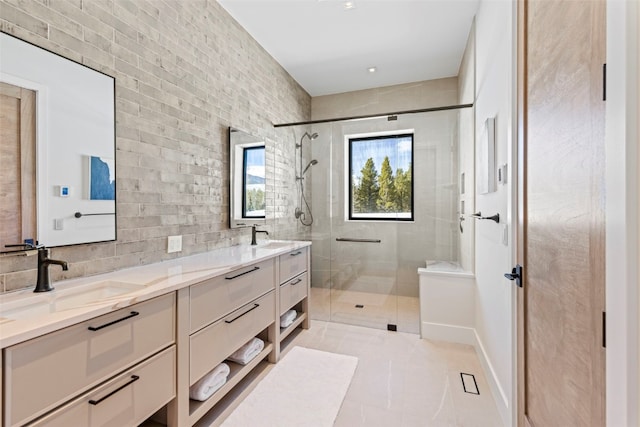 403 Revett Dr, Breckenridge, CO 80424 - full bathroom with a shower stall, double vanity, and tile patterned flooring