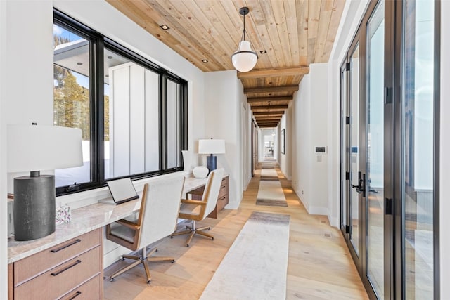 403 Revett Dr, Breckenridge, CO 80424 - office featuring a wooden ceiling with exposed beams, light wood finished floors, and built in study area