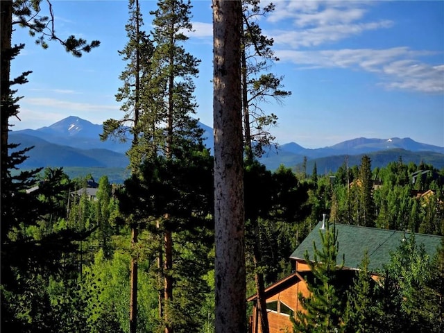 mountain view featuring a forest view