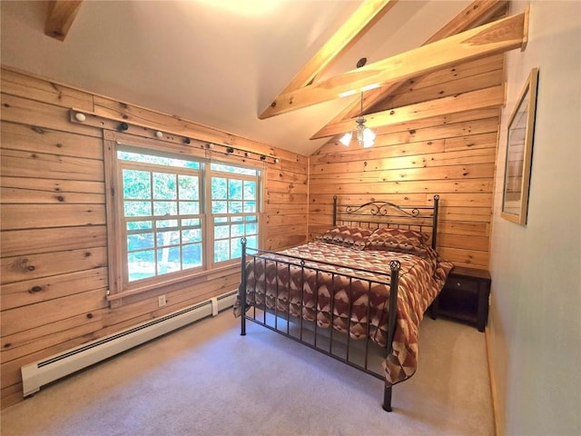 bedroom with a baseboard heating unit, lofted ceiling with beams, wooden walls, and carpet