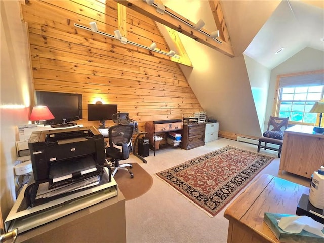 carpeted office featuring lofted ceiling and wooden walls