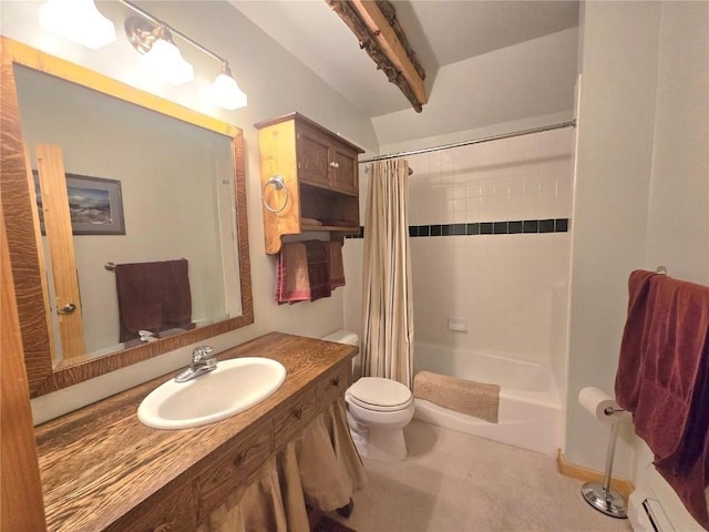 bathroom with toilet, vanity, beamed ceiling, and shower / bathtub combination with curtain