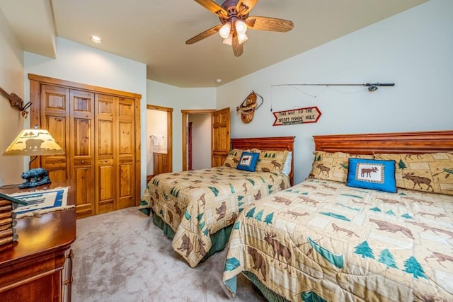 2755 Waterstone Ln Unit 35, Steamboat Springs, CO 80487 - bedroom featuring carpet floors, ceiling fan, and a closet