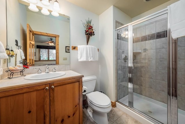 2755 Waterstone Ln Unit 35, Steamboat Springs, CO 80487 - bathroom with a shower stall, toilet, vanity, tile patterned floors, and a ceiling fan