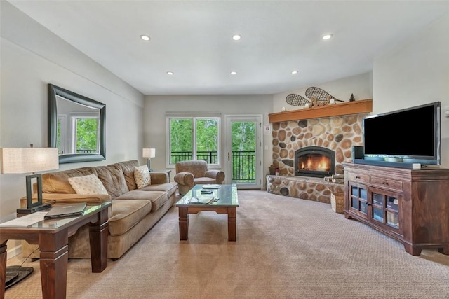 2883 Burgess Creek Rd Unit 302, Steamboat Springs, CO 80487 - living room with carpet floors, recessed lighting, and a fireplace