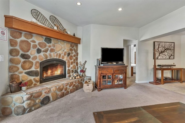 2883 Burgess Creek Rd Unit 302, Steamboat Springs, CO 80487 - living area with a fireplace, recessed lighting, carpet, and baseboards