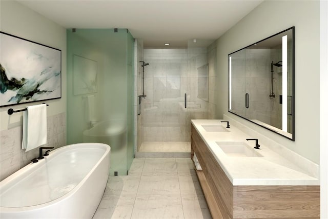 75 Hunki Dori Ct Unit E107, Keystone, CO 80435 - bathroom with a shower stall, a freestanding tub, marble look tiles, and double vanity