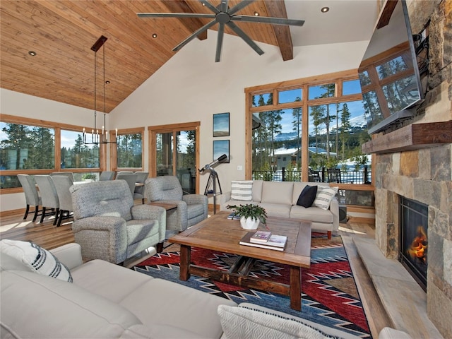 living room featuring a wealth of natural light, a fireplace, high vaulted ceiling, and wooden ceiling