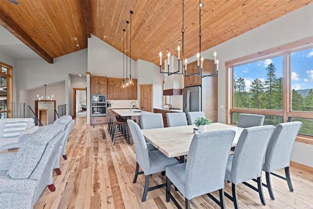 dining area featuring wooden ceiling, high vaulted ceiling, sink, light wood-type flooring, and beamed ceiling