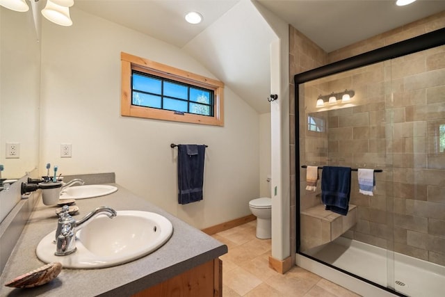 31020 Fallen Falcon Trl, Oak Creek, CO 80467 - bathroom with double vanity, a shower stall, tile patterned floors, vaulted ceiling, and recessed lighting