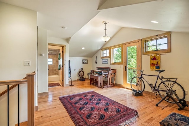 31020 Fallen Falcon Trl, Oak Creek, CO 80467 - interior space featuring light wood-style floors and vaulted ceiling