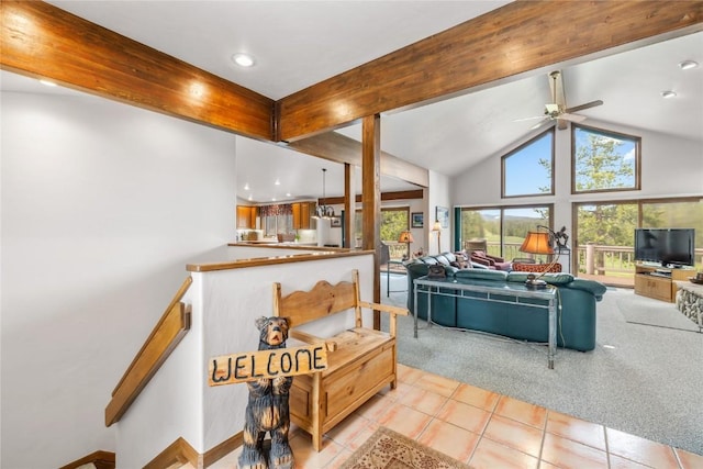 50 Lichen Ln, Keystone, CO 80435 - living area featuring a ceiling fan, light tile patterned flooring, recessed lighting, light carpet, and high vaulted ceiling